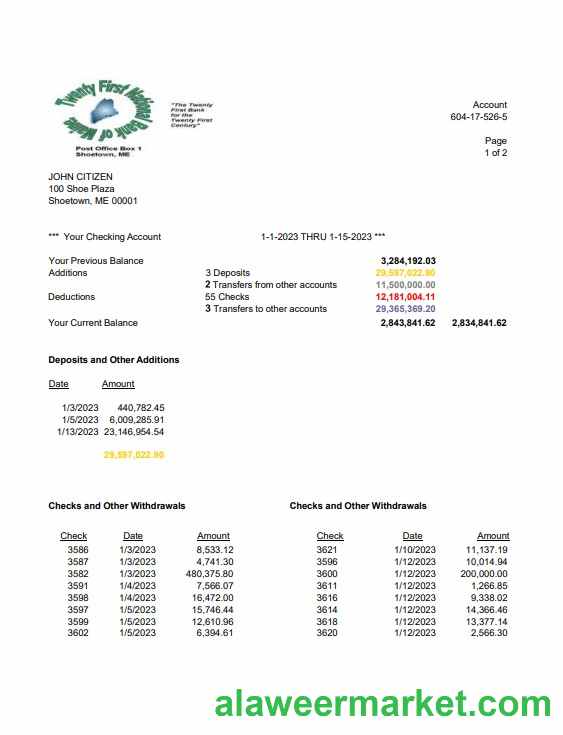 USA Twenty First National Bank of Maine bank statement Word and PDF template, 2 pages